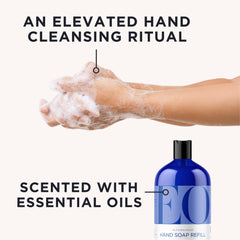 EO French Lavender hand soap pump closeup promoting calming aroma during handwashing