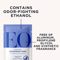 EO Natural Deodorant Wipes with lavender aroma in travel-friendly packaging for quick refreshment.