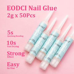 EODCI Nail Glue application steps image illustrates quick curing and secure hold.
