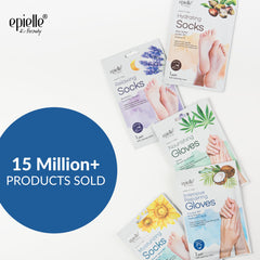Epielle hand mask gloves worn to restore softness during at-home spa.