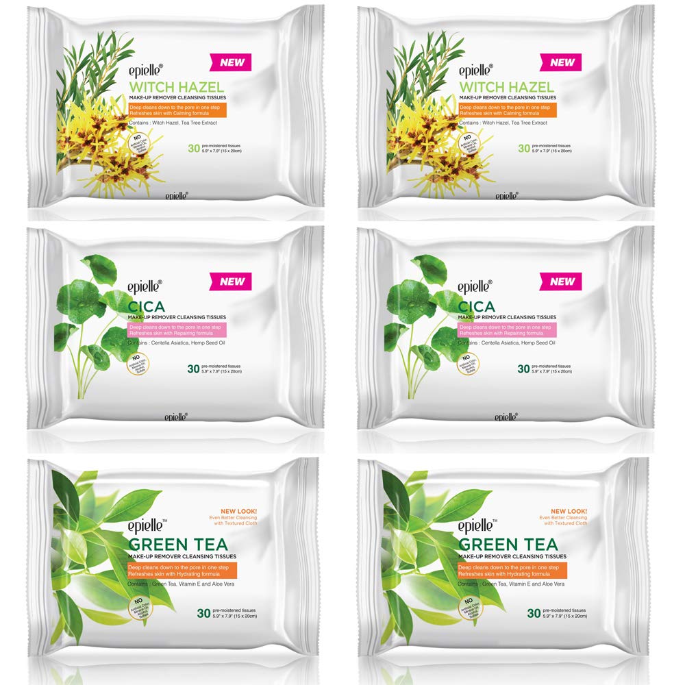 Epielle makeup remover wipes box six-pack for quick, gentle cleansing on the go.