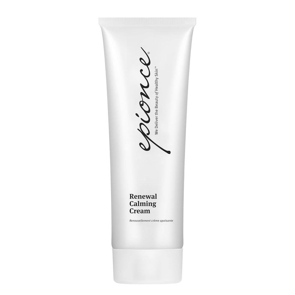 Epionce Renewal Calming Cream jar closeup highlighting hydrating texture for dry skin.