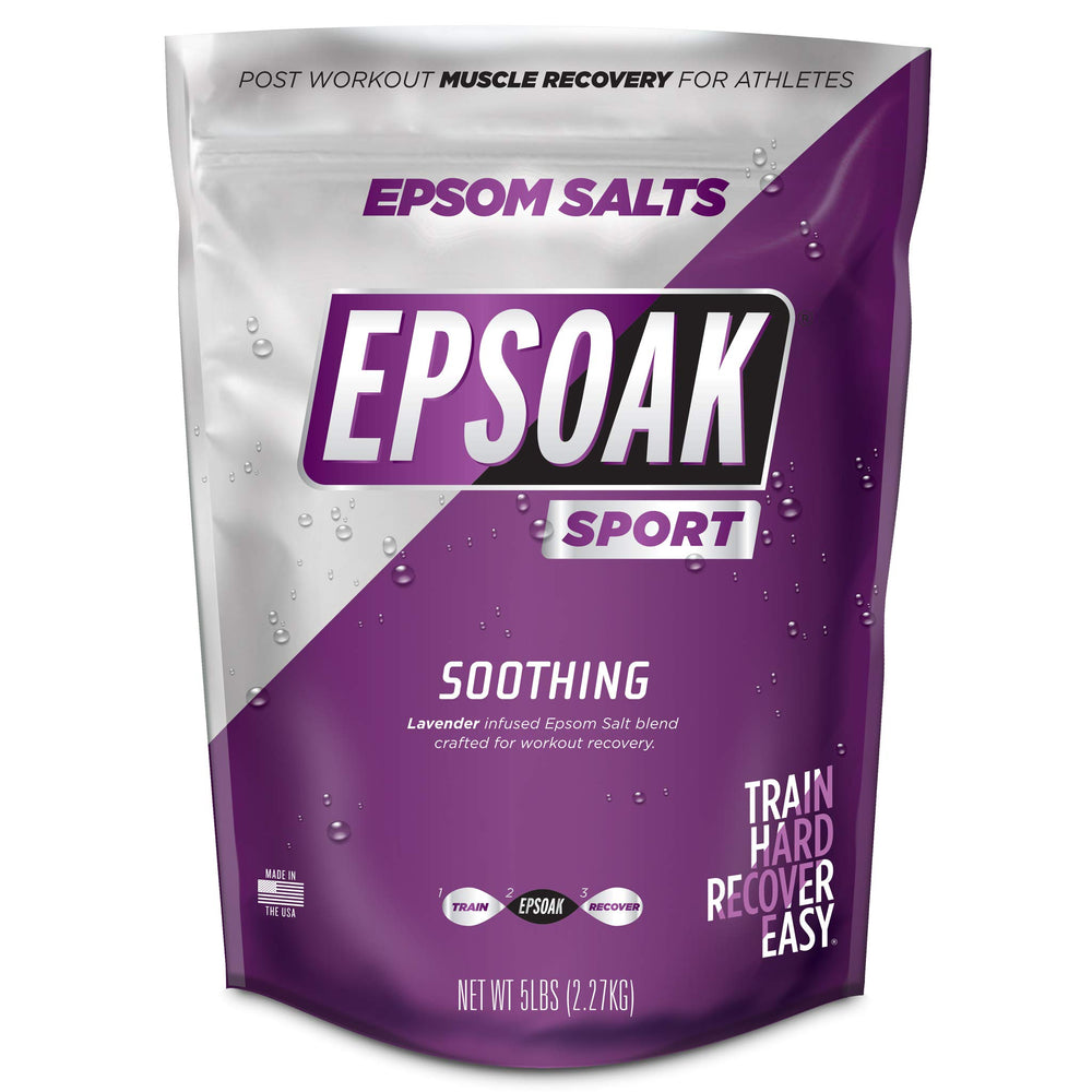 Epsoak Sport bottle with lavender aroma, ready for post-workout muscle relief soak.