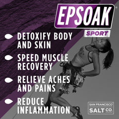 Epsoak Sport dissolving salts ready to pour into warm water for a quick soak.