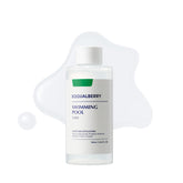 EQQUALBERRY swimming pool toner bottle shows gentle exfoliation and deep hydration for sensitive skin.
