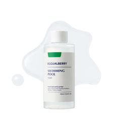 EQQUALBERRY swimming pool toner bottle shows gentle exfoliation and deep hydration for sensitive skin.