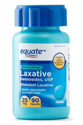 Equate maximum strength laxative bottle label showing 90 count for occasional constipation support.