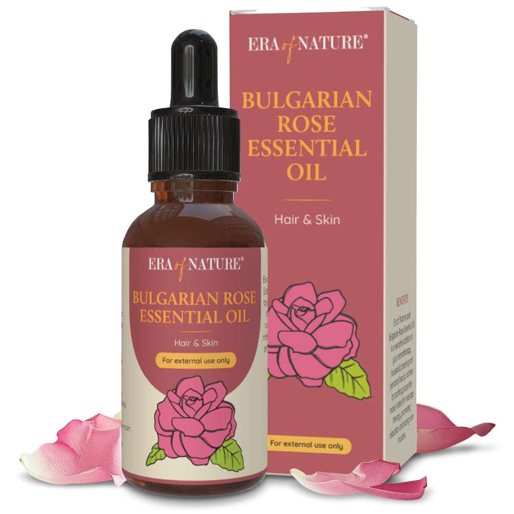 Era of Nature Bulgarian Rose Essential Oil bottle close-up for pure skincare and fragrance.