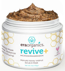 Era Organics Manuka Honey Exfoliating Face Scrub jar closeup for smoother skin.