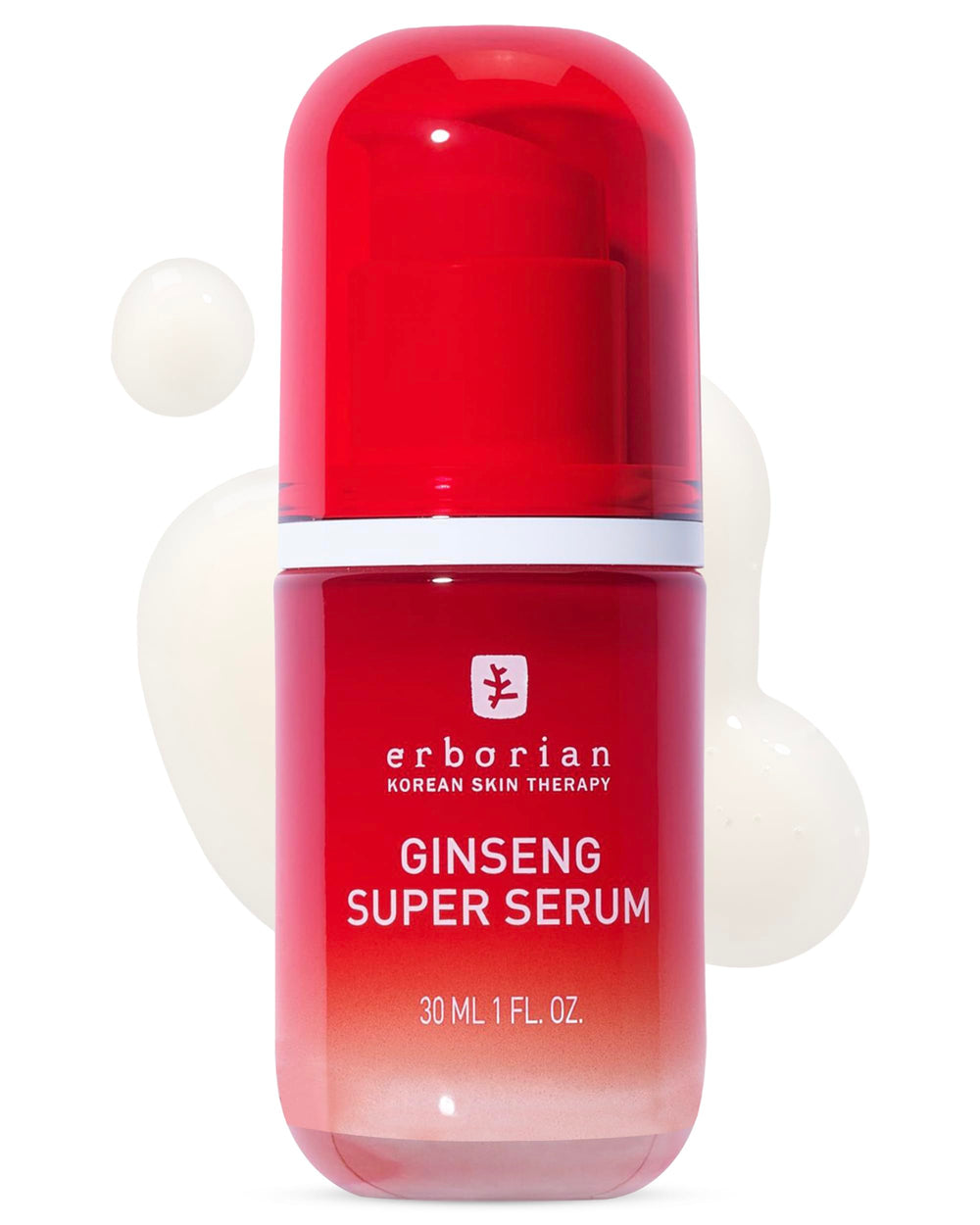 Erborian Ginseng Super Serum bottle closeup shows smoothing texture and radiant skin.
