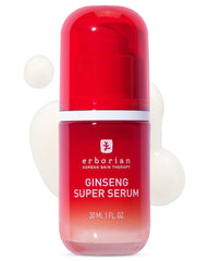 Erborian Ginseng Super Serum bottle closeup shows smoothing texture and radiant skin.