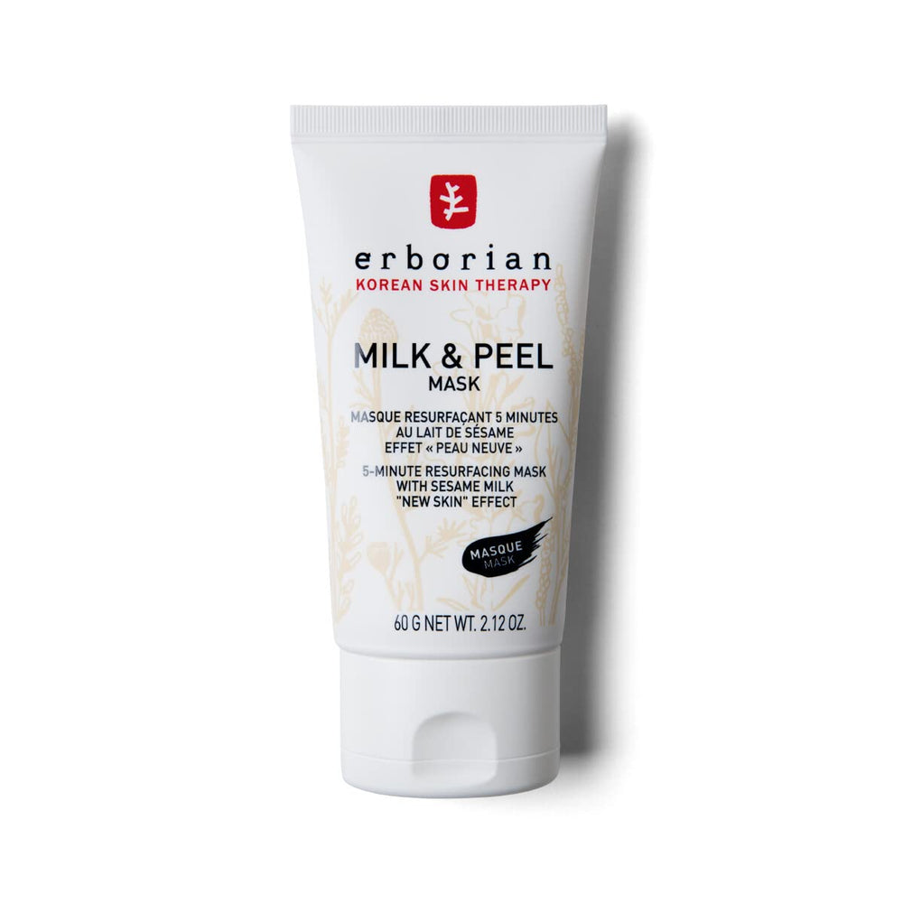 Erborian Milk & Peel Mask packaging close-up showing the sesame milk exfoliation feature.