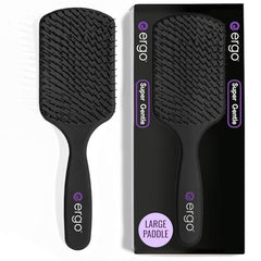 ERGO Super Gentle Paddle Brush handle closeup showing ergonomic grip for comfortable detangling