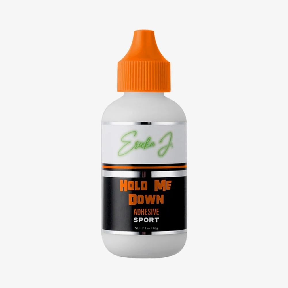 Ericka J Hold Me Down Adhesive Sport peach glue tube showing quick-dry, sweat-resistant hold
