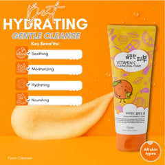 Esfolio Vitamin C Cleansing Foam creamy foam close-up suggests deep cleansing with gentle action.