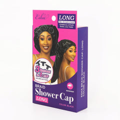Esha Girl shower cap demonstrates easy button-up for comfortable secure wear.