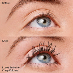 essence I Love Extreme Crazy Volume Mascara lashes closeup for feathered volume