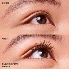 essence i love extreme volume mascara dramatic lashes shows intense length and definition.