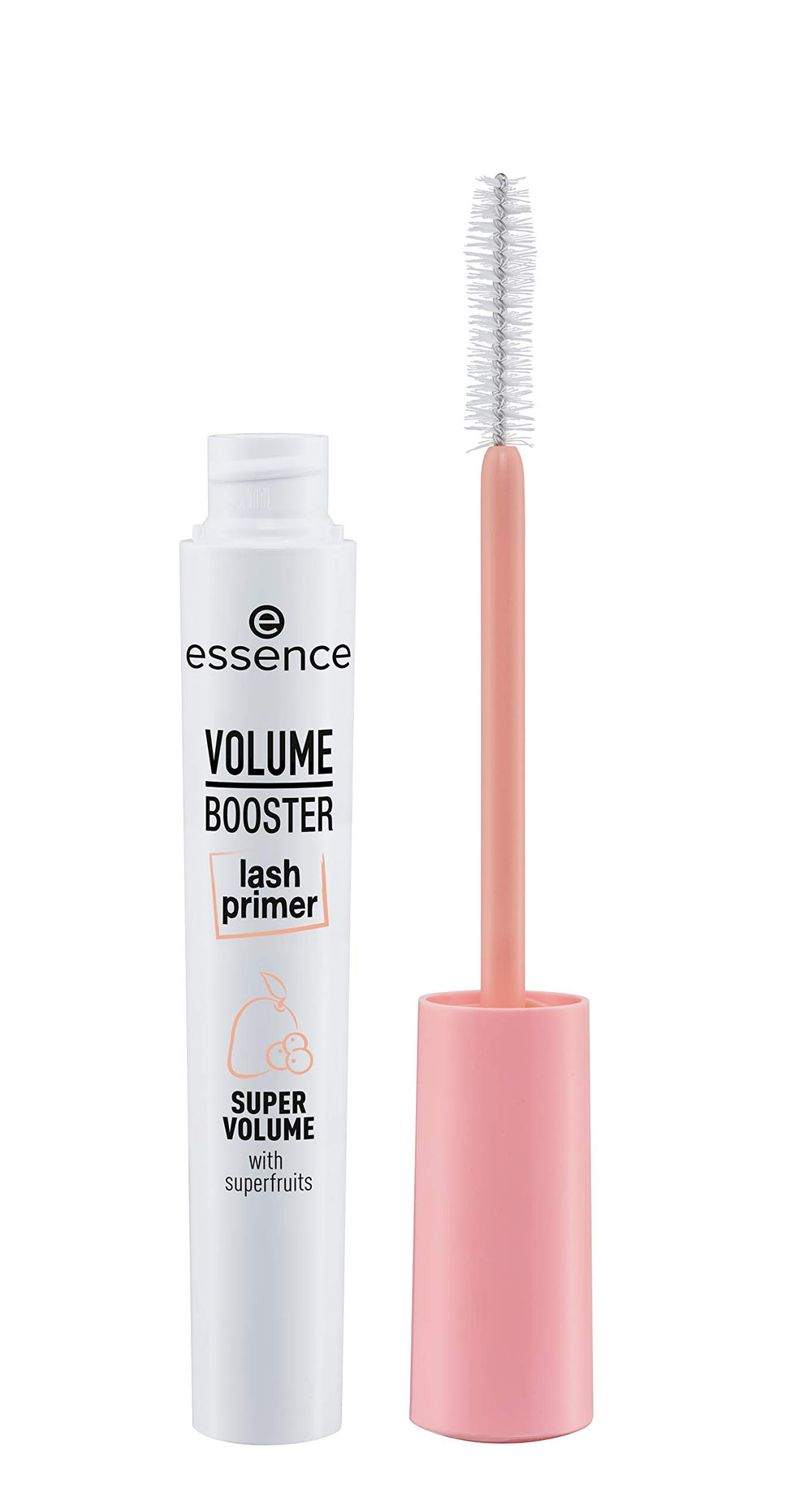 essence volume booster lash primer white-base closeup, helps create fuller lashes