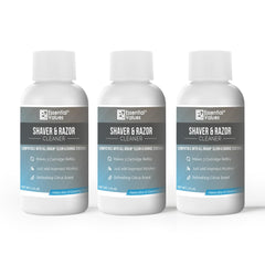 Essential Values electric shaver cleaning solution bottle front with citrus scent.