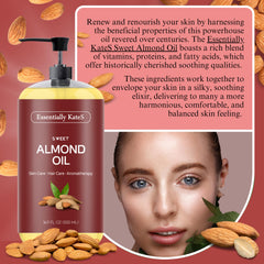 Essentially KateS Sweet Almond Oil label close-up showing cruelty-free formula.