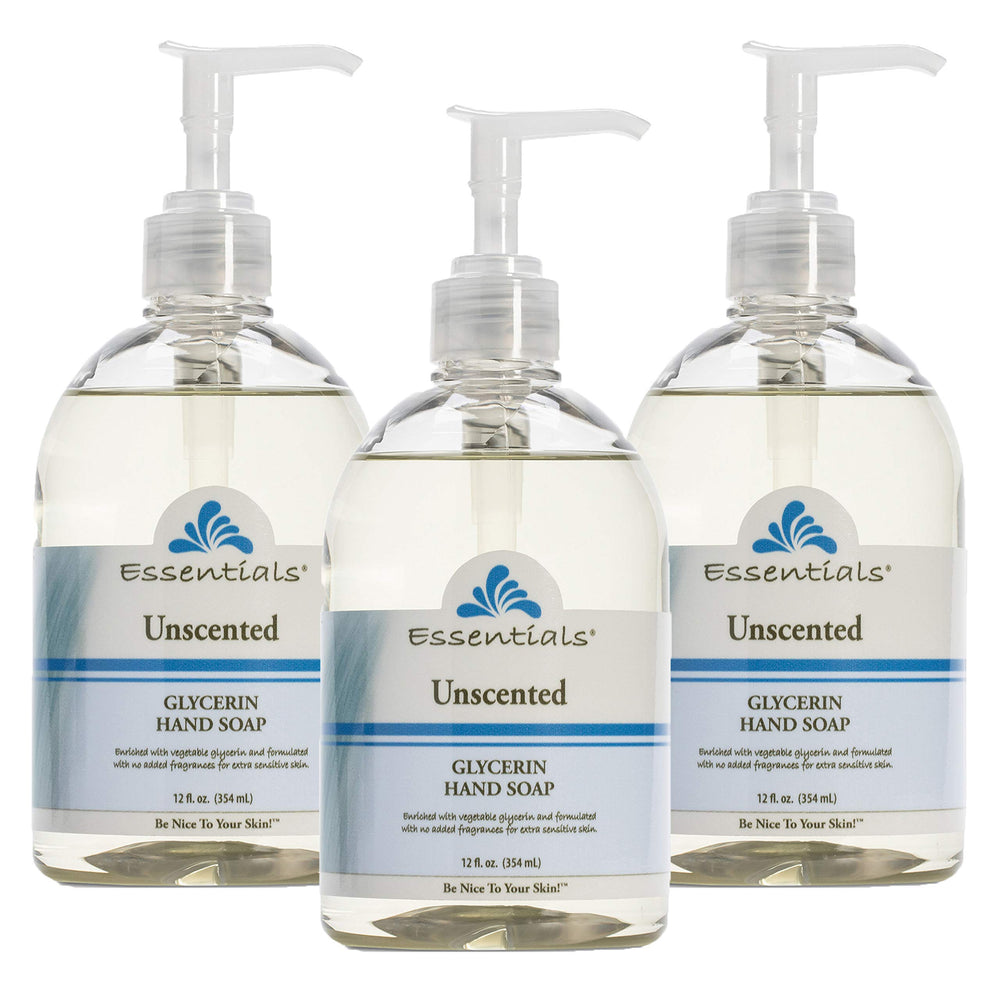 Essentials glycerin hand soap unscented 3pack bottle closeup for gentle moisturizing.