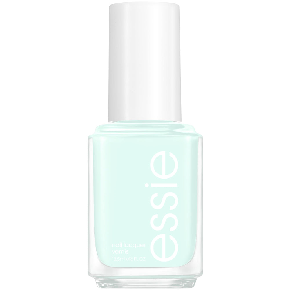 essie First Kiss Bliss nail polish bottle shows mint-green cream shade for a fresh spring look.