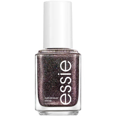 essie Nail Polish Black Shimmer bottle shows a glittery finish for chic home manicures.