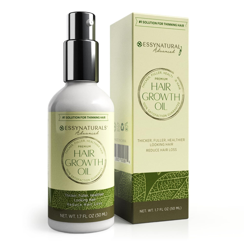 Essynaturals Advanced Hair Growth Oil bottle with dropper for precise scalp application.