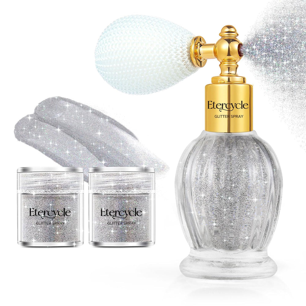 Etercycle Body Glitter Spray bottle close-up shows holographic shine for rave looks.