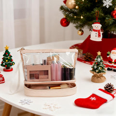 Ethereal Clear Makeup Bag top-layer organization for lipsticks and palettes during travel.