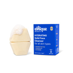 Ethique Hydrating solid face cleanser bar closeup shows creamy coconut texture for gentle cleansing