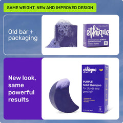 Ethique purple shampoo bar hair-application demonstrates brassy tone neutralization for blonde or gray hair.