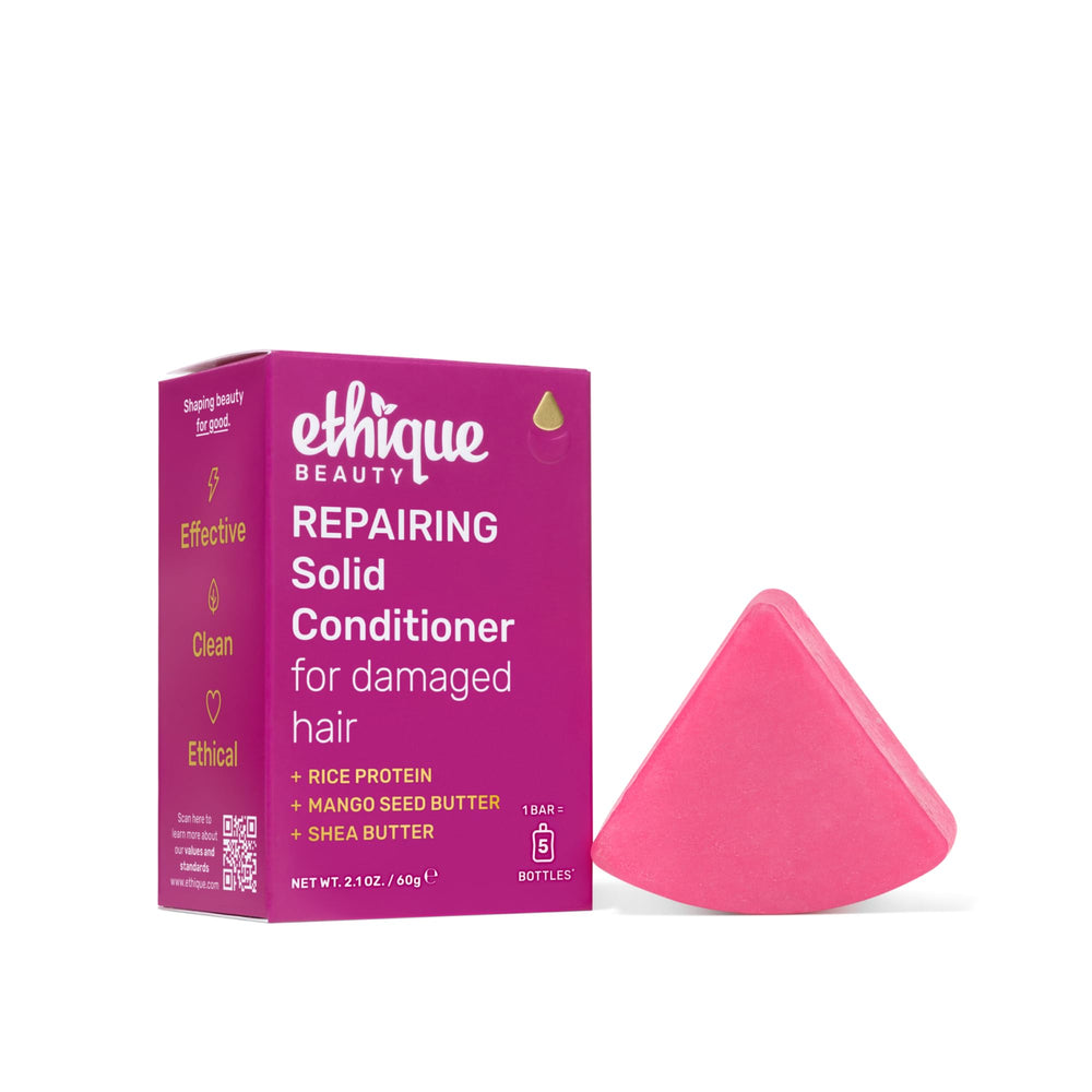 Ethique Repairing Conditioner Bar packaging shows plastic-free eco-friendly design for sustainable haircare.