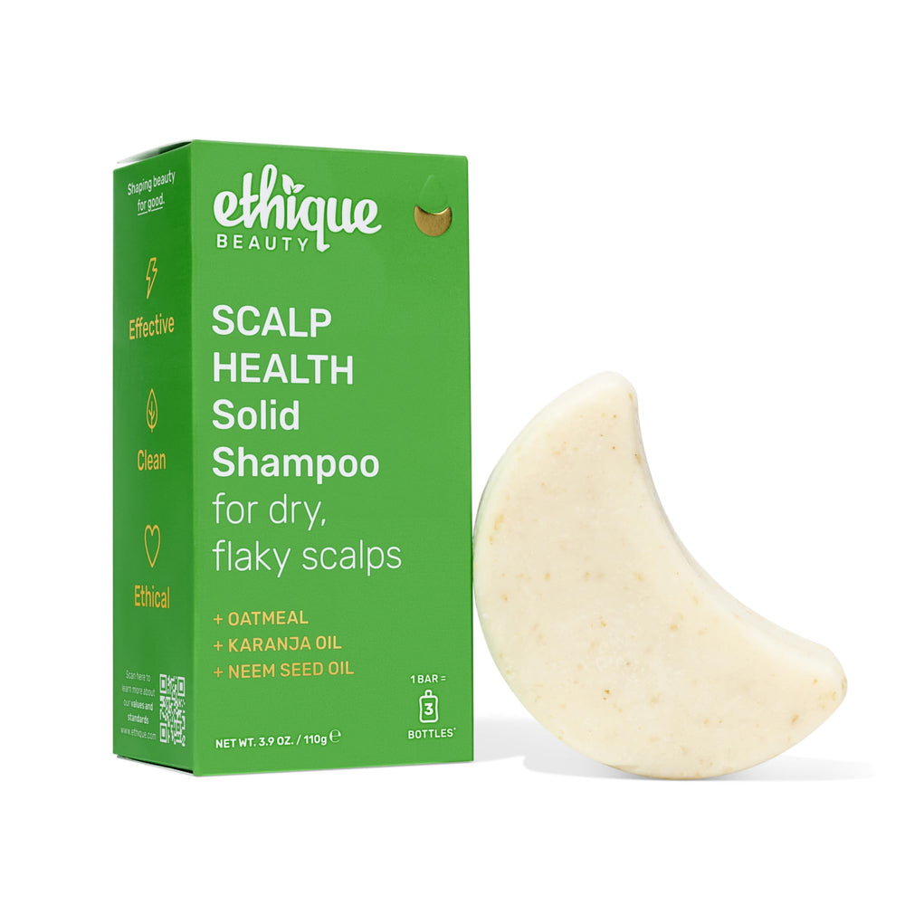 Ethique Scalp Health Shampoo Bar front view highlighting plastic-free packaging for sustainable haircare.