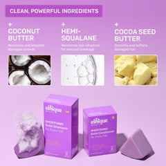 Ethique Smoothing Shampoo Bar smoothing action shown on frizzy hair in the shower.