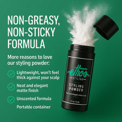 Ethos Styling Texture Powder hair styling finish provides a matte look with all-day hold.