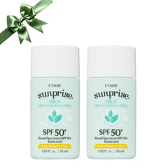 ETUDE Sunprise mild airy finish bottle shows lightweight sunscreen texture for daily wear.
