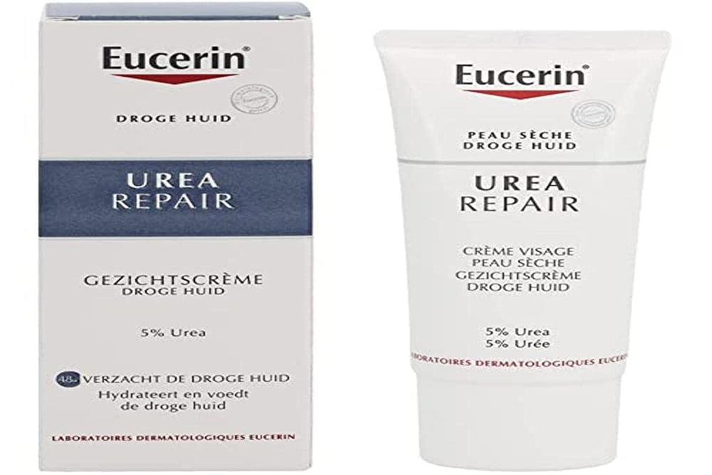 Eucerin 5% Urea smoothing face cream tube close-up showing rich hydration for dry skin
