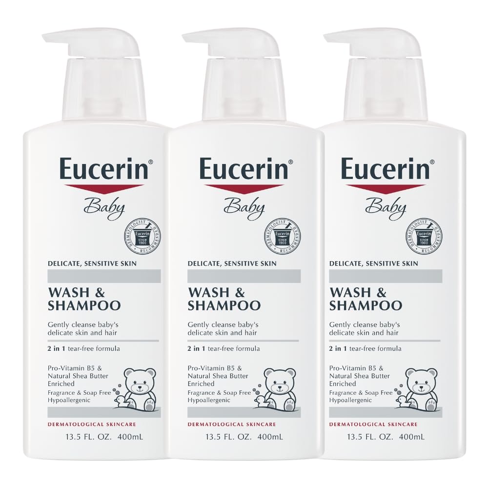 Eucerin Baby Unscented Shampoo and Body Wash pump bottle for easy daily cleansing.