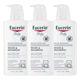 Eucerin Baby Unscented Shampoo and Body Wash pump bottle for easy daily cleansing.
