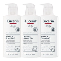 Eucerin Baby Unscented Shampoo and Body Wash pump bottle for easy daily cleansing.