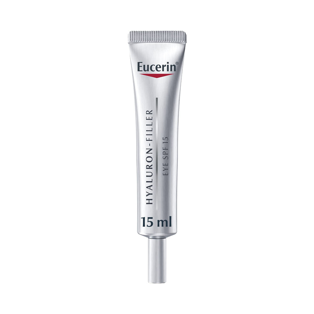Eucerin Hyaluron Filler Eye Treatment tube closeup for targeted delicate eye care.