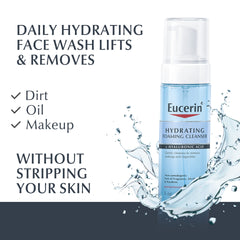 Eucerin Hydrating Foaming Daily Facial Cleanser pump close-up shows easy application and soft foam.