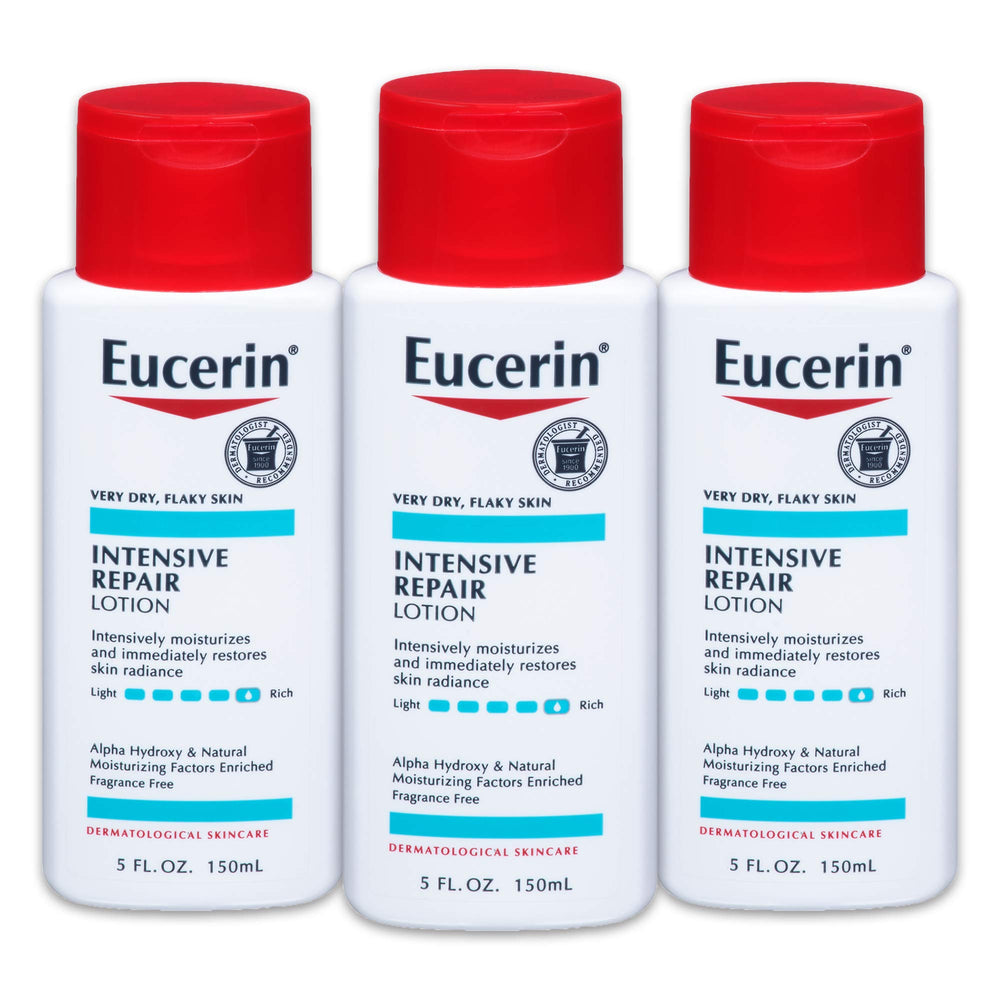 Eucerin Intensive Repair Lotion bottle shows triple-pack value for daily use.