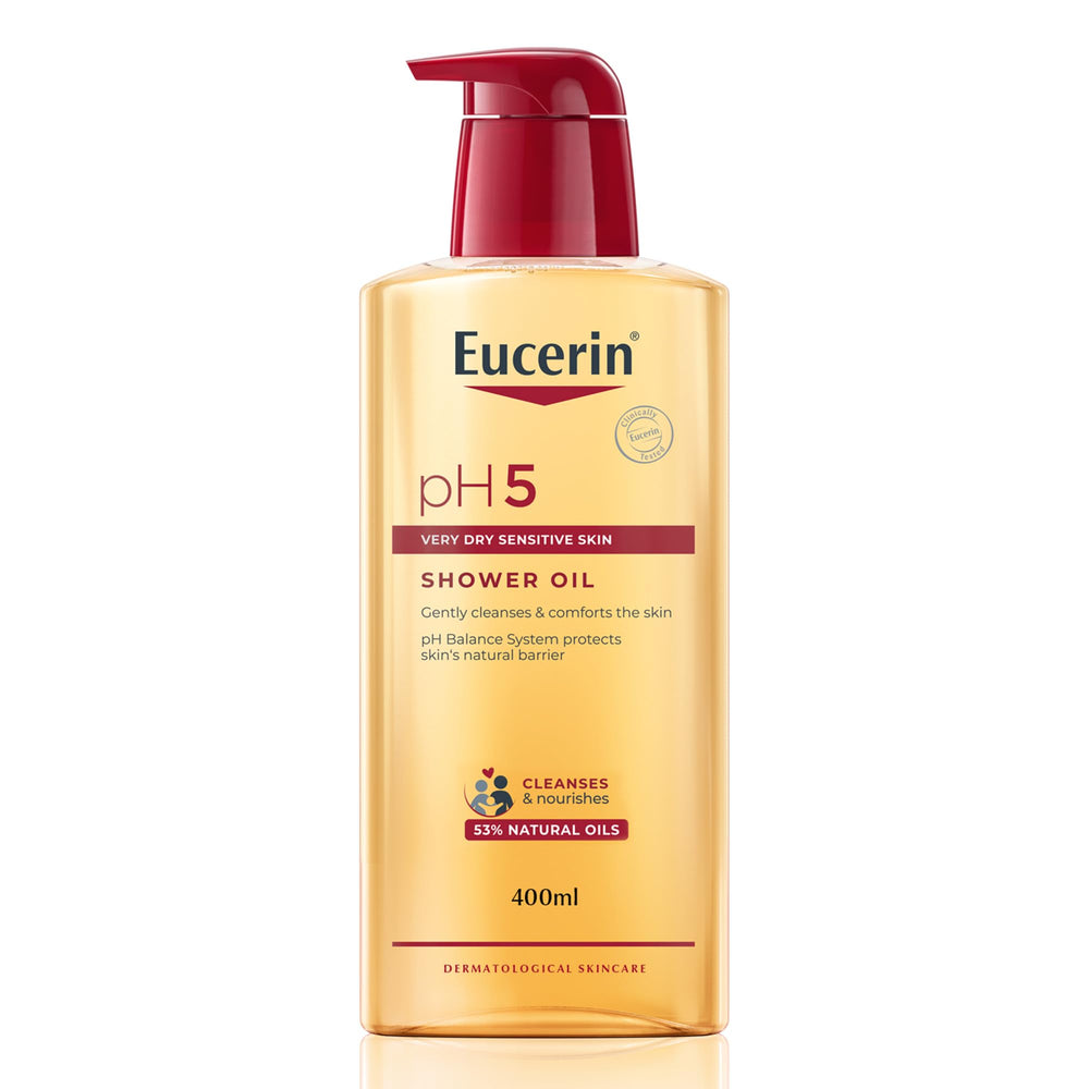 Eucerin pH5 Shower Oil bottle close-up highlighting gentle cleansing for dry skin.