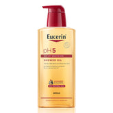 Eucerin pH5 Shower Oil bottle close-up highlighting gentle cleansing for dry skin.
