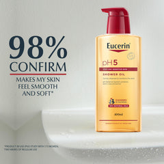 Eucerin pH5 Shower Oil foam on damp skin demonstrates nourishing cleansing and protective slip.