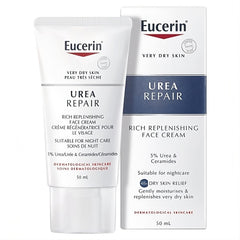 Eucerin replenishing skin relief face cream 50ml bottle on shelf for daily hydration.