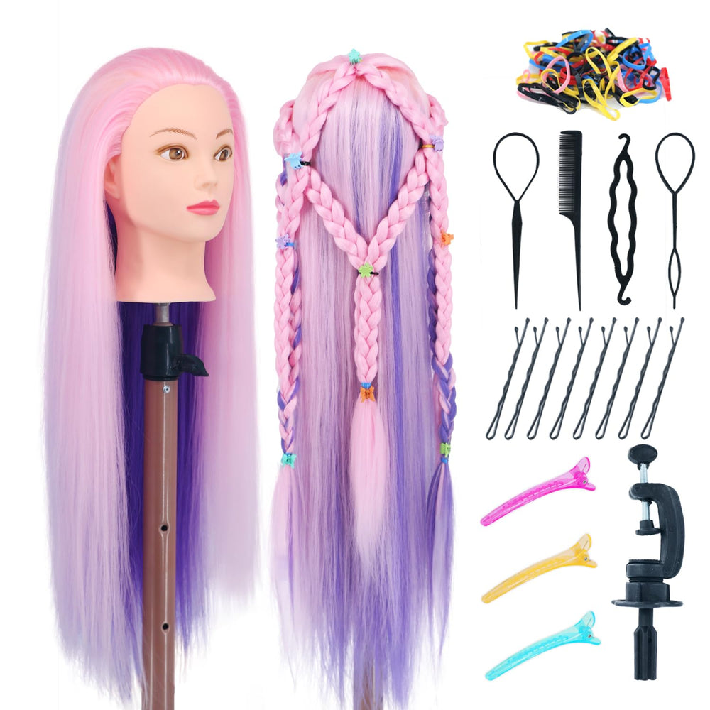 Eumos mannequin head 29in with pink-purple hair for styling practice.